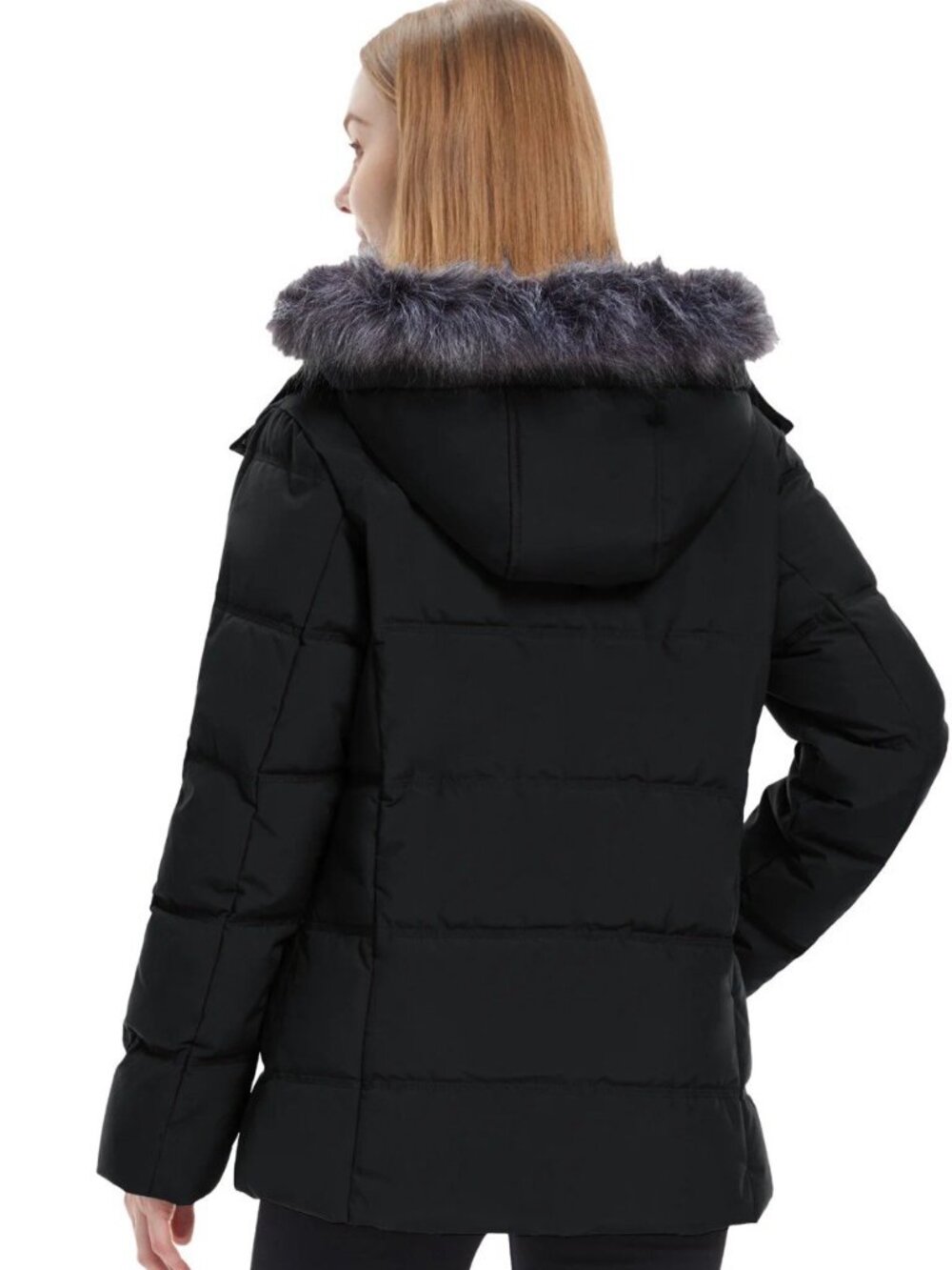 Women's Winter Puffer Jacket with Faux Fur Hood – Black, Size Large - Picture 4 of 8